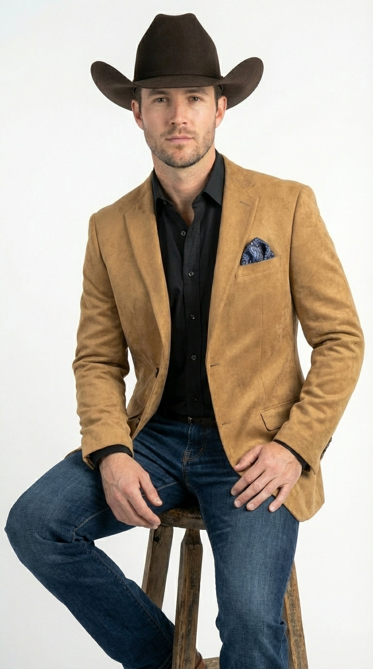 Men’s Camel Suede Cowboy Blazer with Elbow Patch – Camel Western Style Suede Sport Coat for Casual - 36 Short