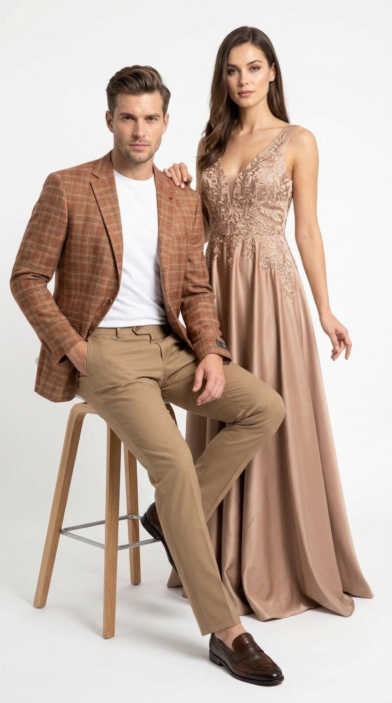Vitali Men’s Rust Copper Brown Plaid Blazer with Tan Pants – Classic Windowpane, Business and Smart-Casual Birck color  Suit - 36 Short