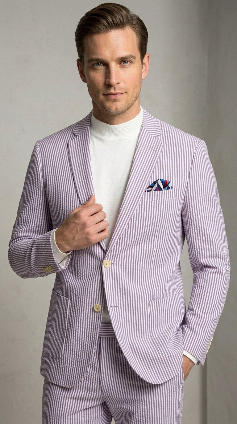 Men’s Lavender Seersucker 2 Piece Suit, Lightweight Summer Blazer and Pants Set for Weddings, Parties, Prom, and summer fabric - 34 Short or Extra Small
