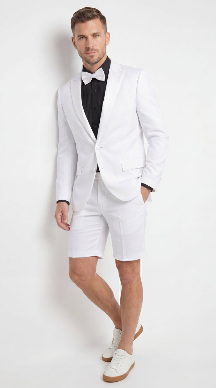 Men’s White Tuxedo Suit with Shorts – Modern Formal Blazer and Short Pants Set for Wedding, Prom Summer Fabric