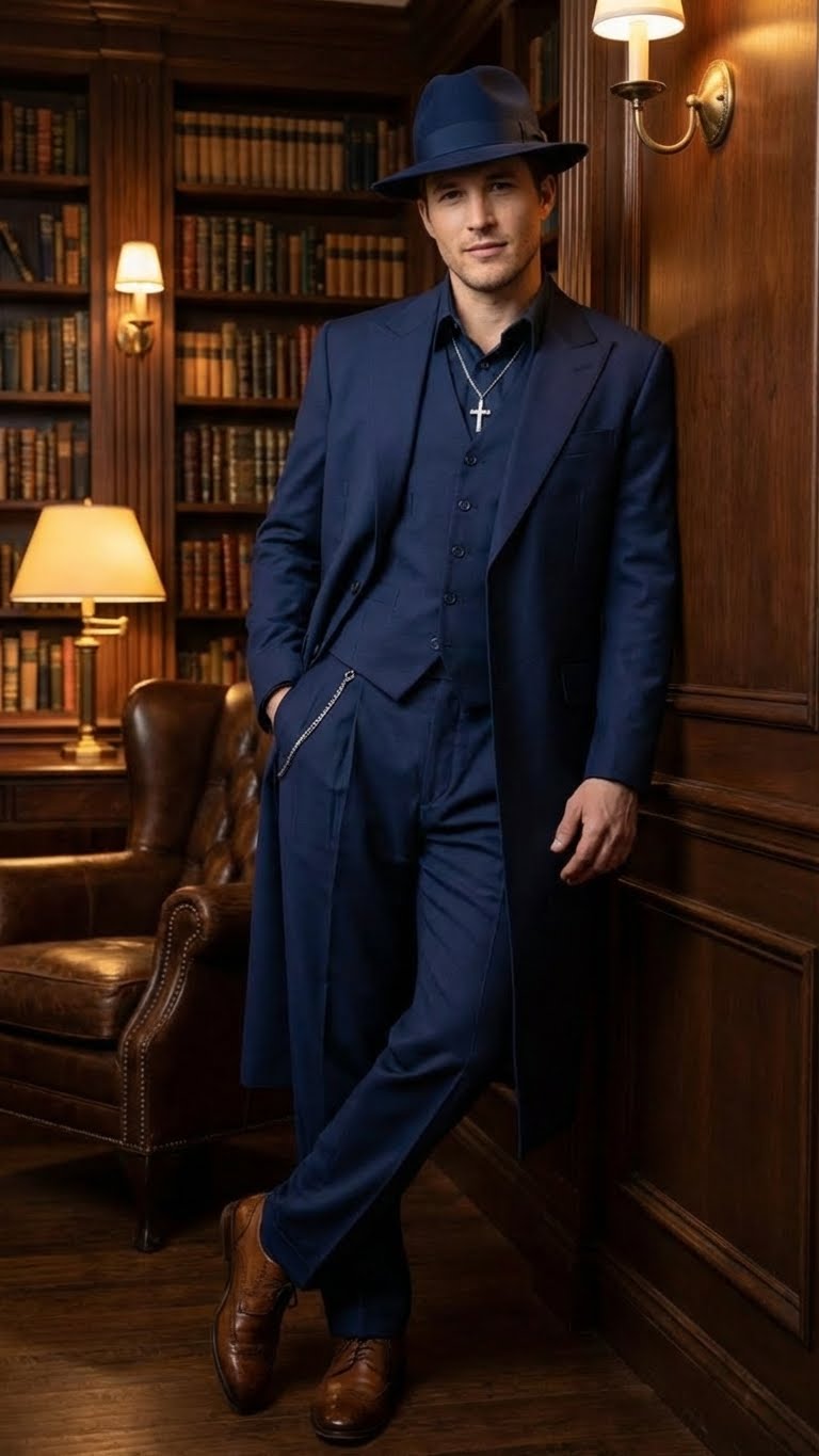 Men’s Navy Blue 1920s Zoot Suit – Long Mafia Gangster Three-Piece Vintage Costume Set Zuit Pachuco Style - 34 Short or Extra Small