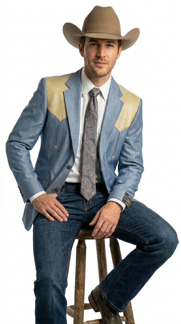 Men’s Steel - Light Blue and Bone Color Western Cowboy Blazer – Shiny Country Style Dress Jacket for Rodeo Saco De Hombre Vaquero - 36 Short