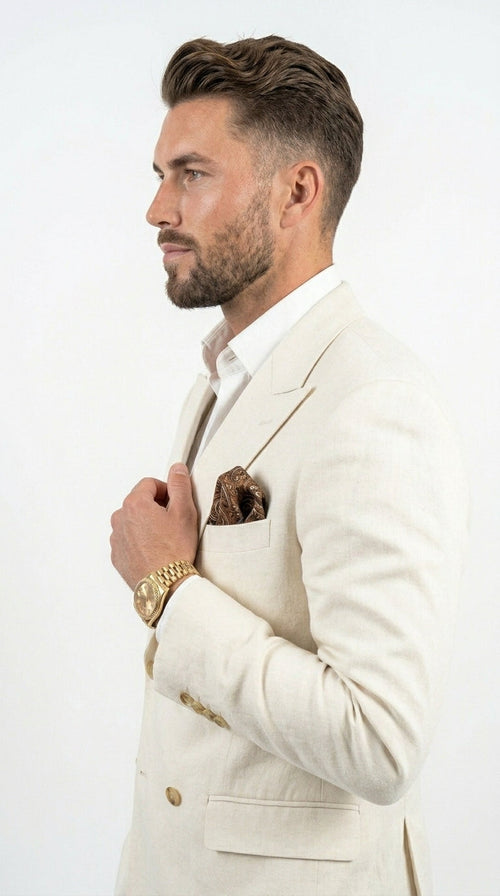 Men’s Ivory Linen Double Breasted Blazer, Lightweight Wedding Dinner Sport Coat Jacket Cream Off White