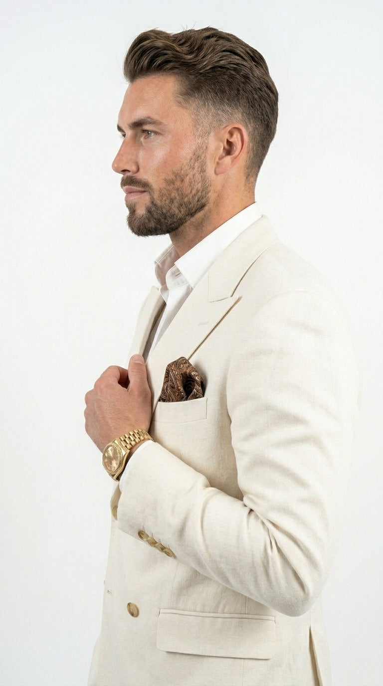 Men’s Ivory Linen Double Breasted Blazer, Lightweight Wedding Dinner Sport Coat Jacket Cream Off White - 36 Short