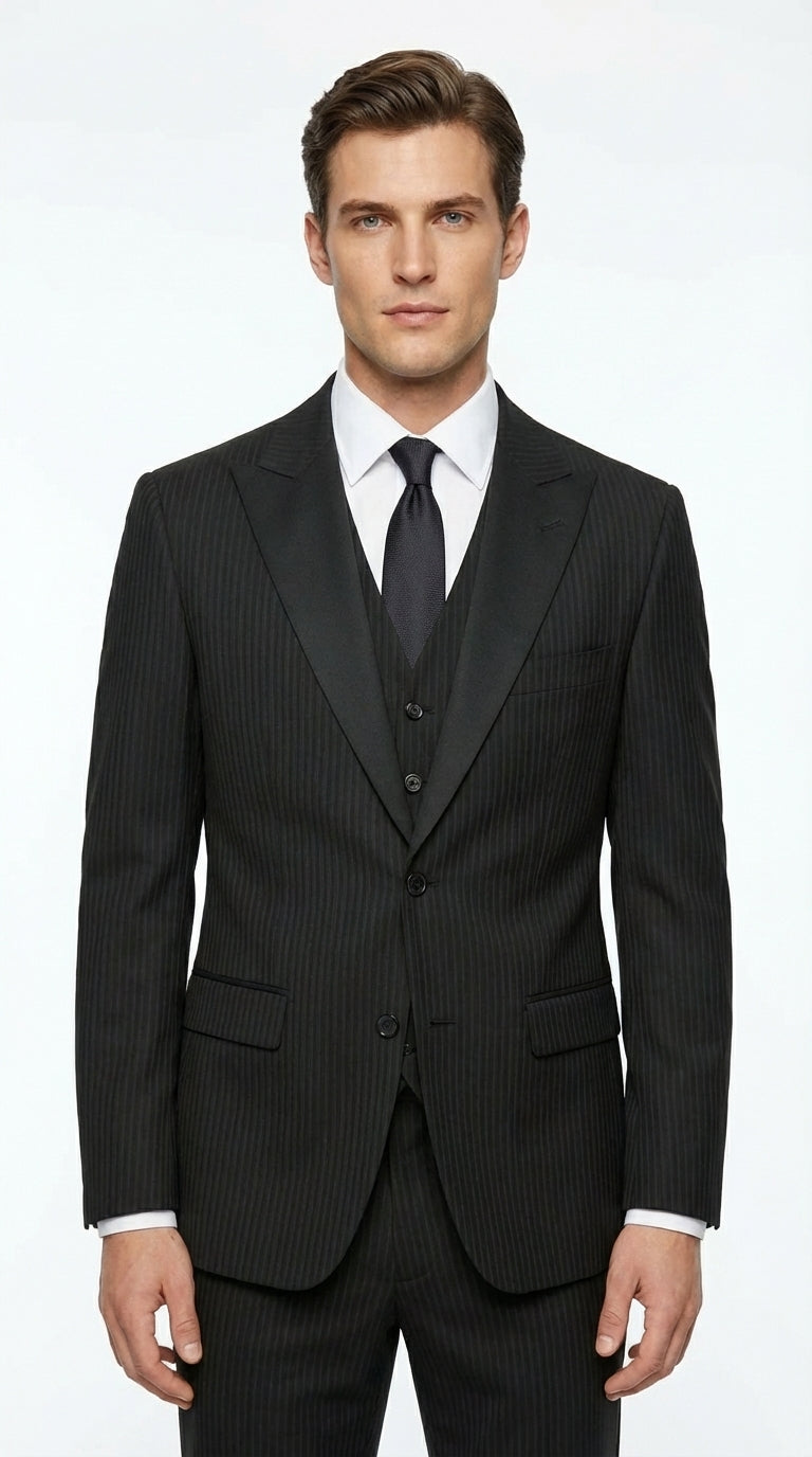Vitali Mens Black Tone on Tone Shadow Stripe Vested Suit Set – 3 Piece Modern Fit Pinstripe Two Buttons - 34 Short or Extra Small