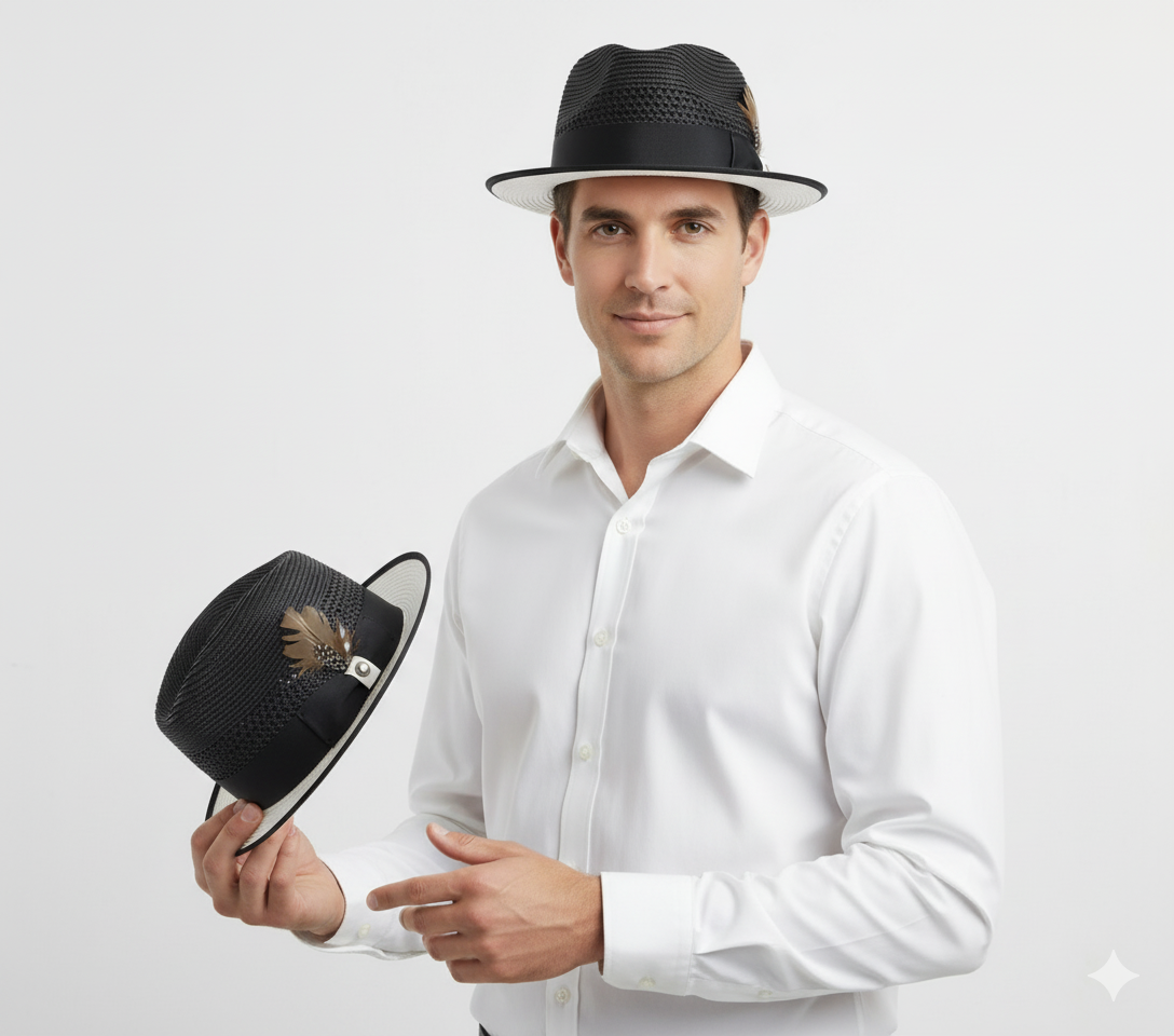 Mens Two-Tone Black and White Fedora Hat with Feather Accent Stylish Summer Dress Hat