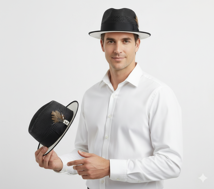 Mens Two-Tone Black and White Fedora Hat with Feather Accent Stylish Summer Dress Hat
