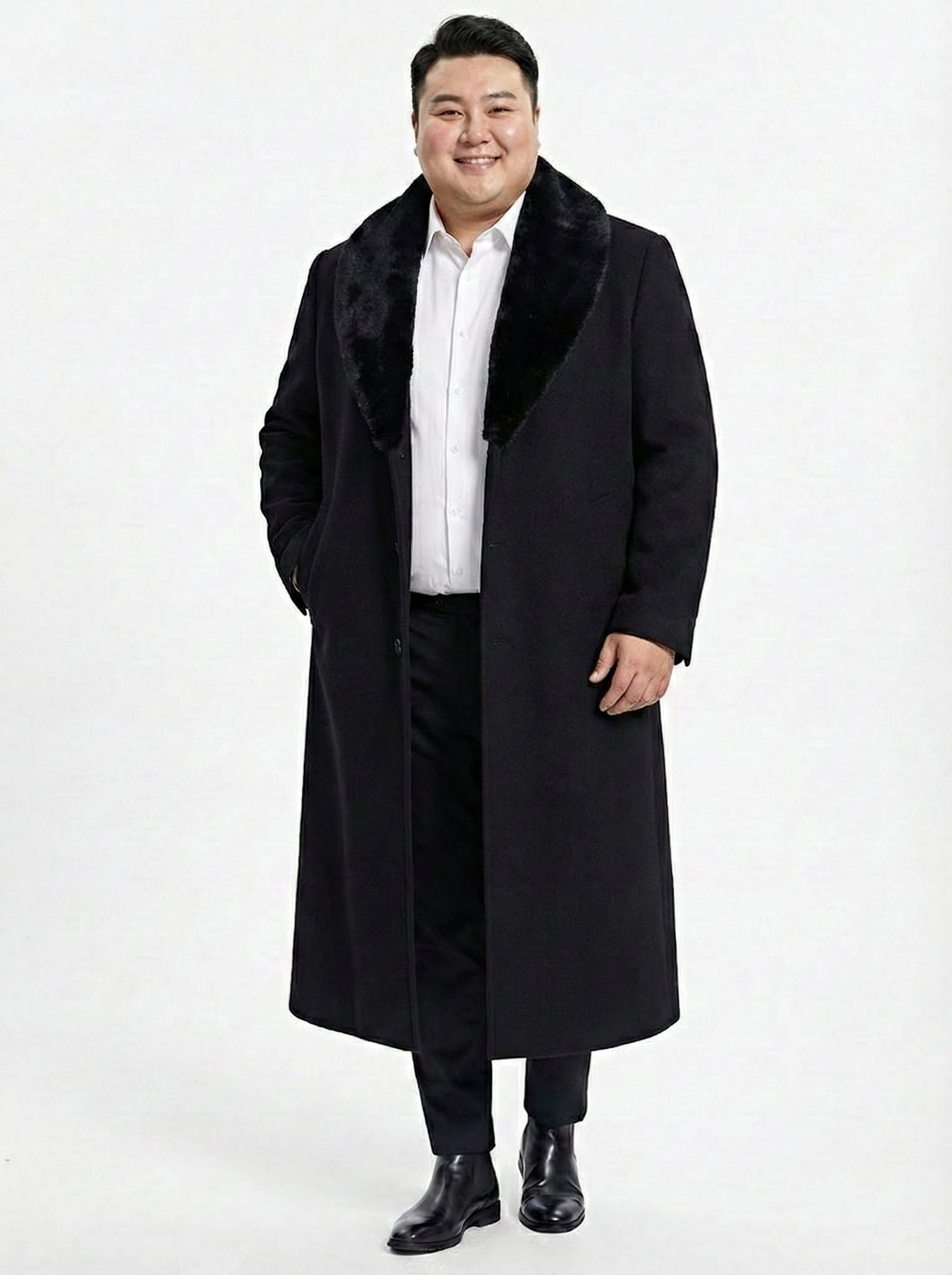 Men’s Black Long Overcoat with Faux Fur Collar, Full Length Winter Topcoat for Formal and Business Wear - Coat Size 38