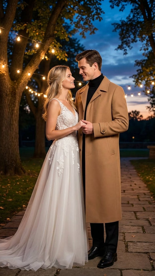 Mens Full-Length Camel Overcoat Classic Long Microfiber-Blend Coat for Winter and Formal Wear Maxi Duster Coat
