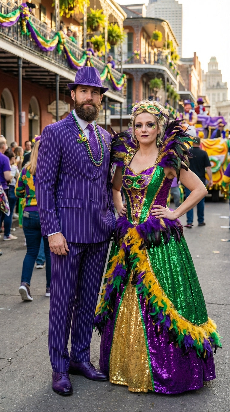 Mens Purple Pinstripe Mardi Gras Suit | Classic Double Breasted Formal Carnival Suit