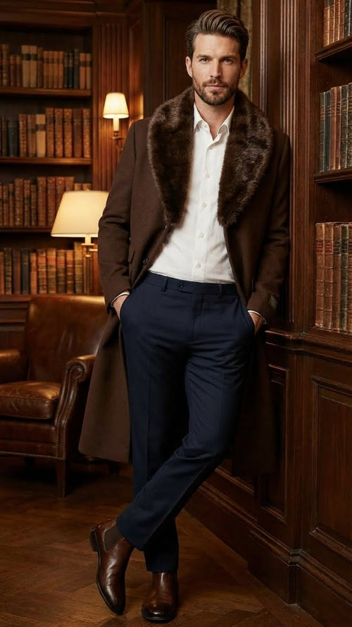 Mens Brown Long Overcoat with Faux Fur Collar Classic Winter Formal Coat Three Quarter Carcoat Wool and Cashmere Fabric