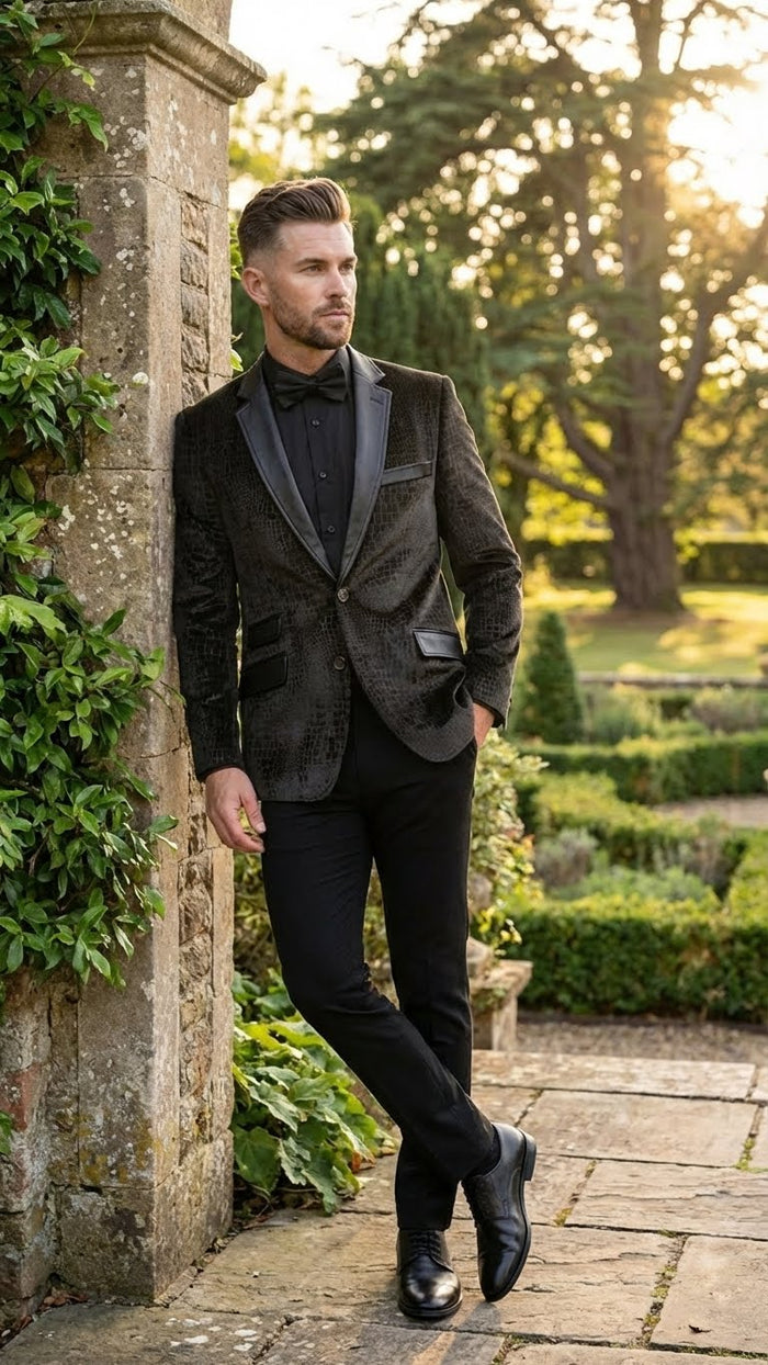 Mens Crocodile Alligator Exotic skin Texture Blazer Slim Fit Designer Jacket with Satin Lapels for Formal and Party Wear in Black Color
