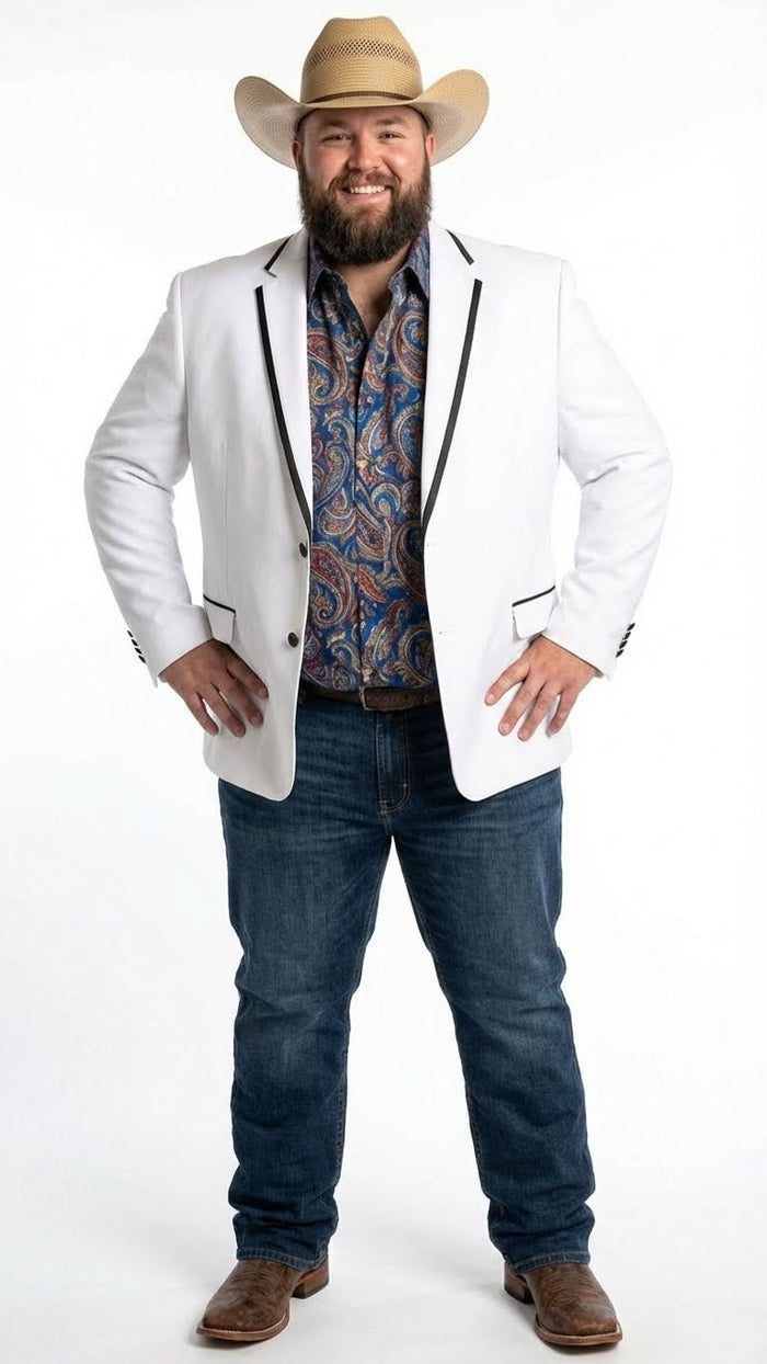 Mens White Western Blazer with Black Trim Classic Cowboy Style