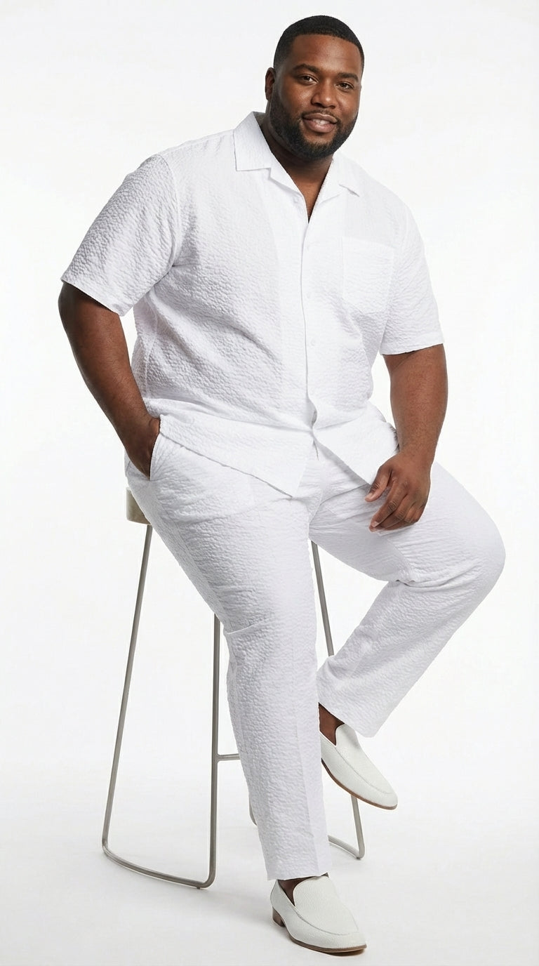 Mens White Seersucker Walking Suit Set – Casual Summer Short Sleeve Outfit with Matching Pants Lightweight Two Piece Set - S