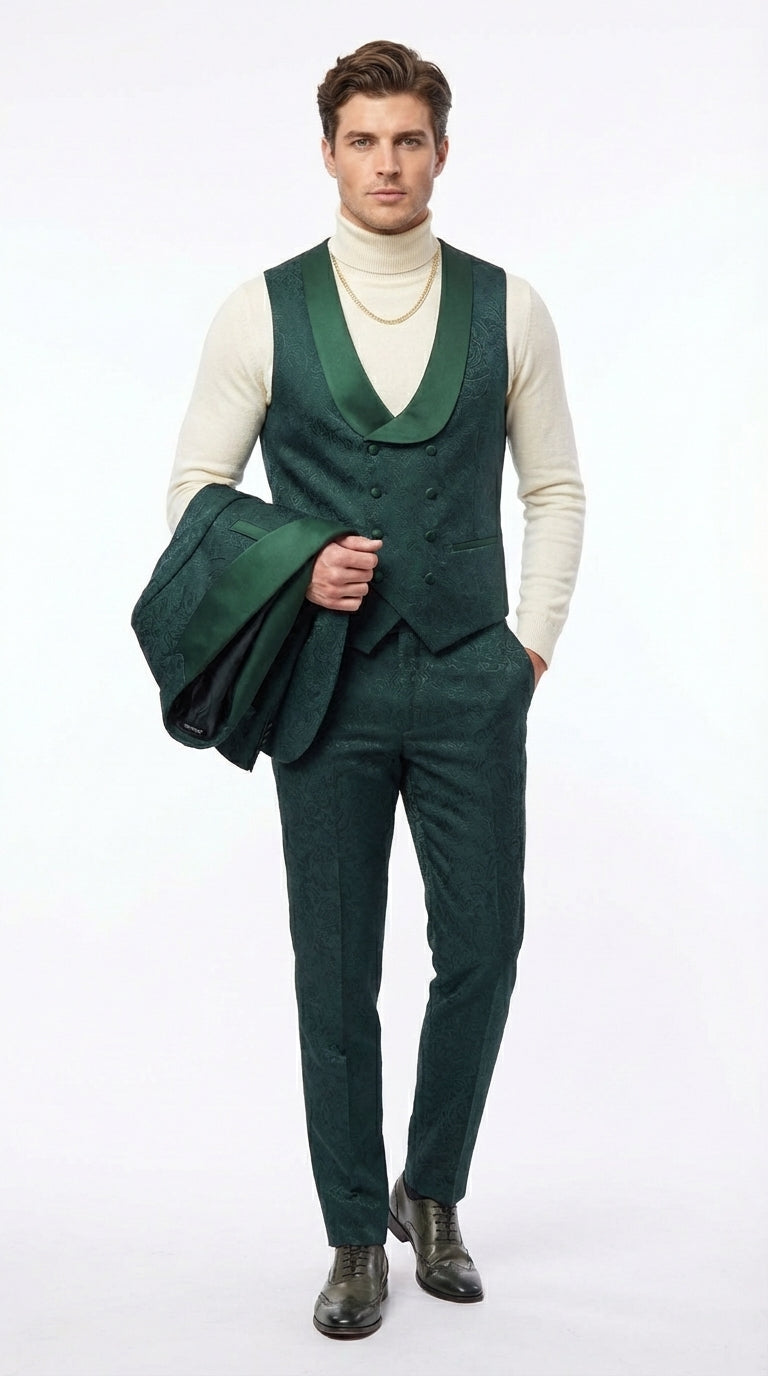 Mens Hunter Green Wedding Tuxedo Suit – Paisley Pattern Three Piece Formal Suit Set with Shawl Lapel for Groom, Prom in Emerald green - 34 Short or Extra Small