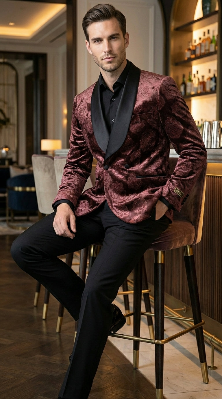 Mens Rust Copper Brick color Floral Jacquard Pasiley Blazer – Pattern Dinner Jacket with Black Shawl Lapel for Formal dinners and Wedding - 36 Short