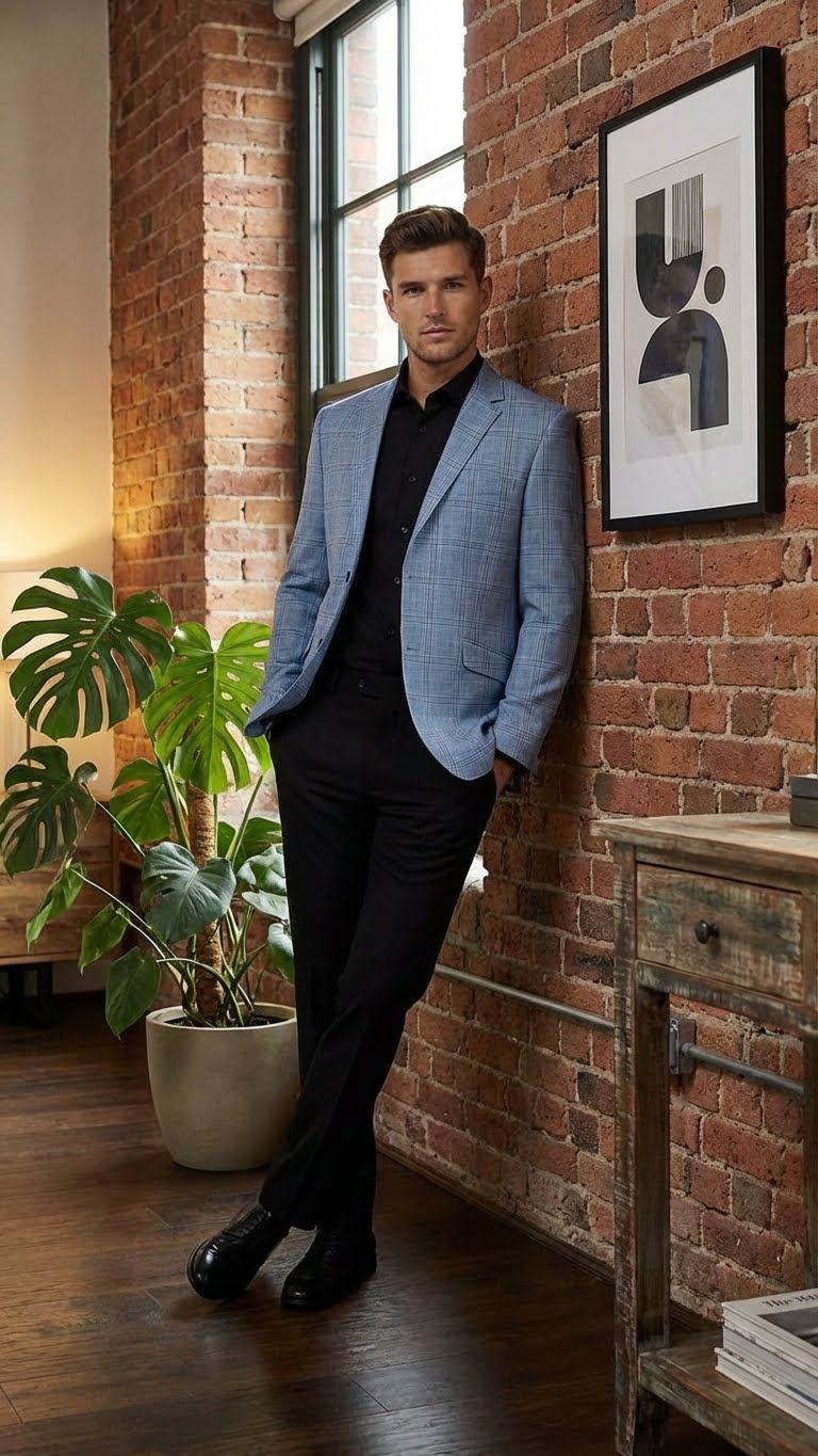 Men’s Big and Tall Light Blue Checkered Blazer and Sport Coat – Sky powder blue windowpane plaid pattern Jacket - 36 Short