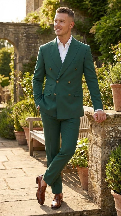 Vitali Brand Mens Emerald Green Double Breasted Suit Modern Fit Side Vented