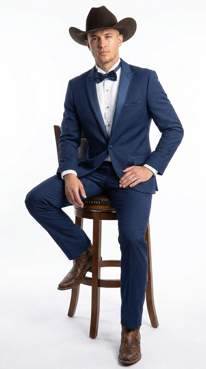 Men’s Saphire Indigo Blue Western Tuxedo Suit, Formal Wedding Prom Cowboy Tuxedo with Blue