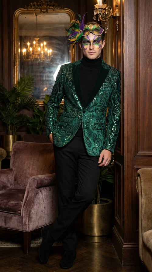 Mens Emerald Green Mardi Gras Blazer with Black Satin Lapel Paisley Swirl Pattern Formal Party Jacket