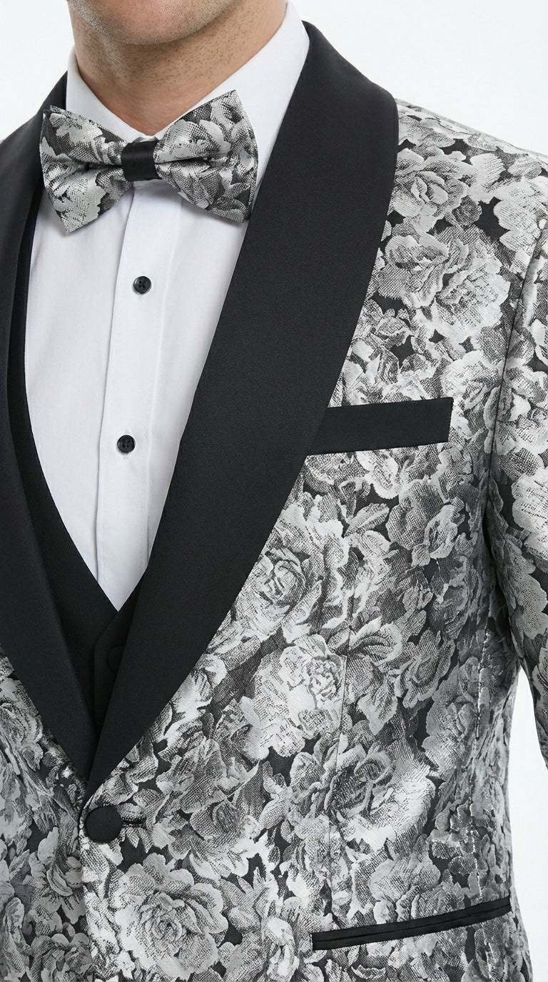 Mens Black and Silver Floral Tuxedo – Luxury Patterned Wedding, Prom and Formal Dinner Tuxedo - 34 Short or Extra Small