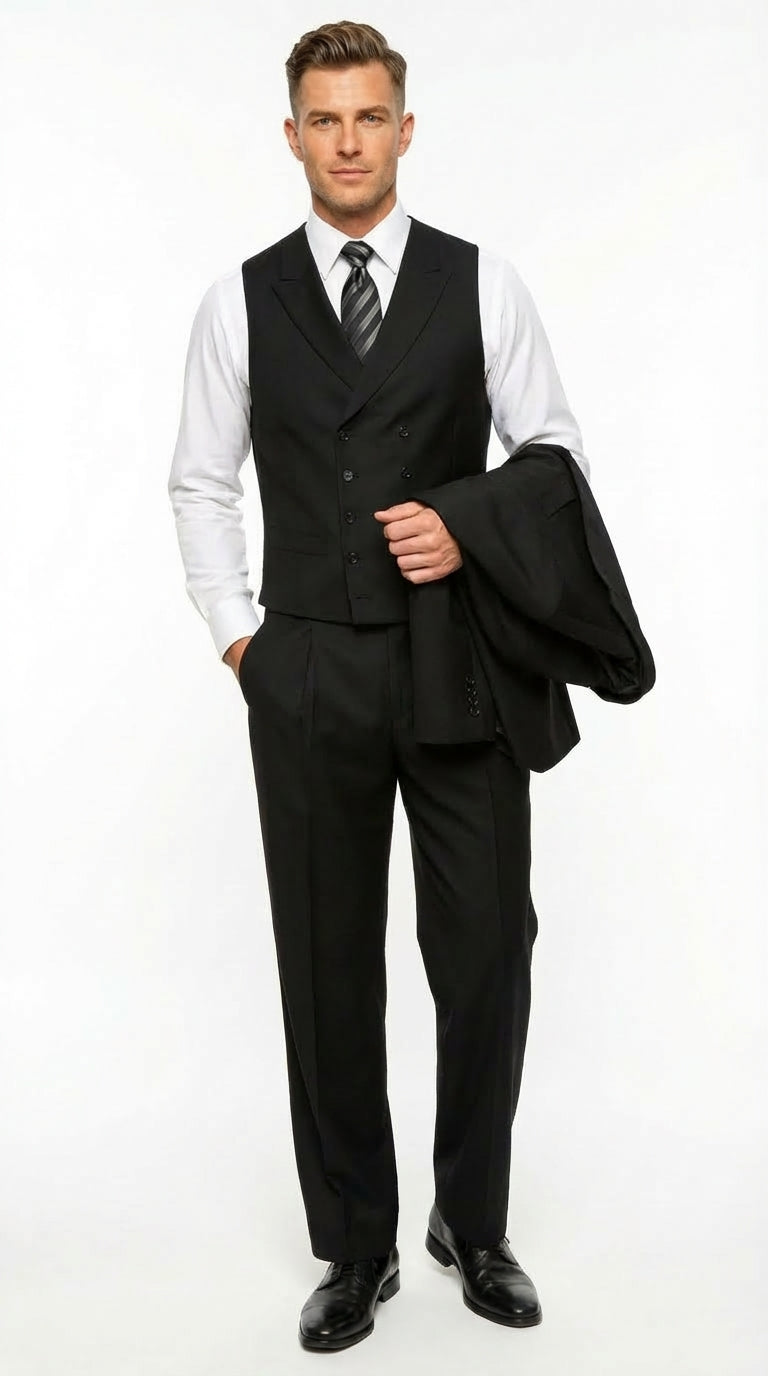 Tiglio Mens Black 3 Piece Suit – Single Button Classic Fit Pleated Wide Leg Pants Formal Business Church Suit - 100% Wool
