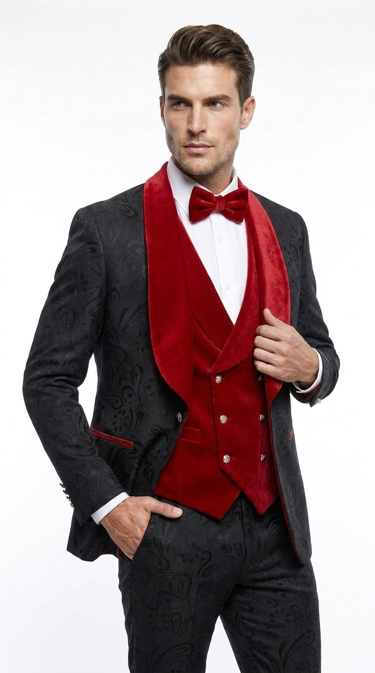Men’s Black Paisley Tuxedo with Red Velvet Shawl Lapel – 3 Piece Wedding Prom Suit With Matching Bowtie - 34 Short or Extra Small