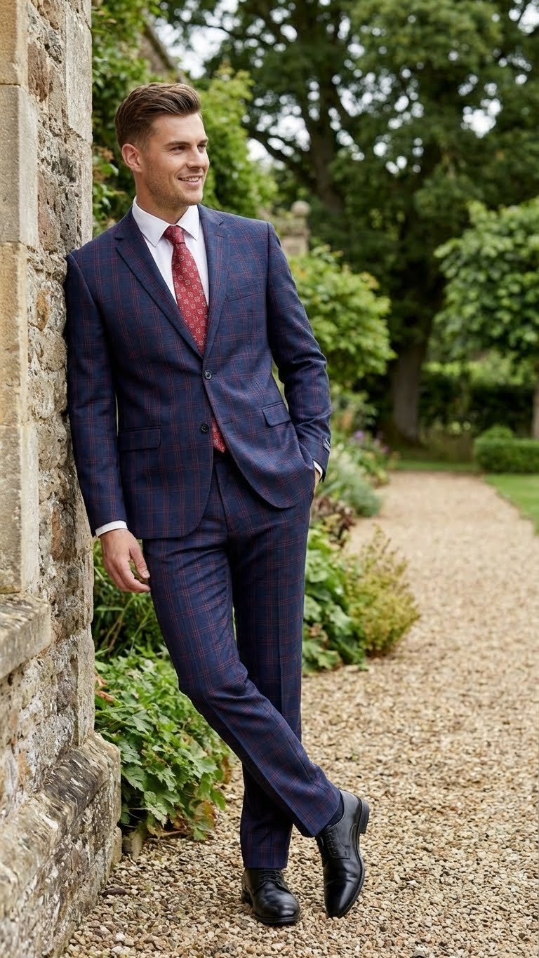 Men’s Navy Blue and Burgundy Checkered Two-Piece Suit Plaid Windowpane – Flat Front Pants or Pleated Wide Leg Pants - 100% Wool - Navy Blue and Burgundy