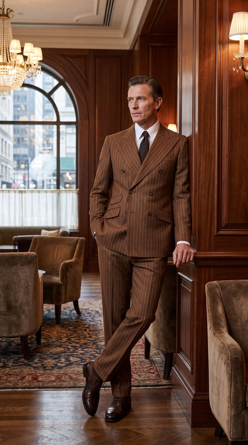 Men’s Vintage Brown Pinstripe Double-Breasted Suit – Classic 1920s Gatsby and 1930s 1940s 1950s Suit