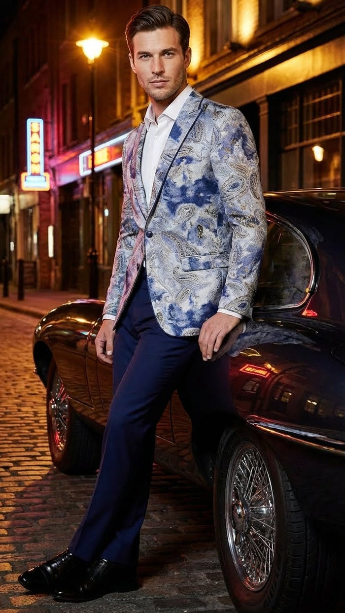 Mens Navy Blue and Gray Paisley Print Blazer Prom Jacket for Formal, Party, and Evening Wear