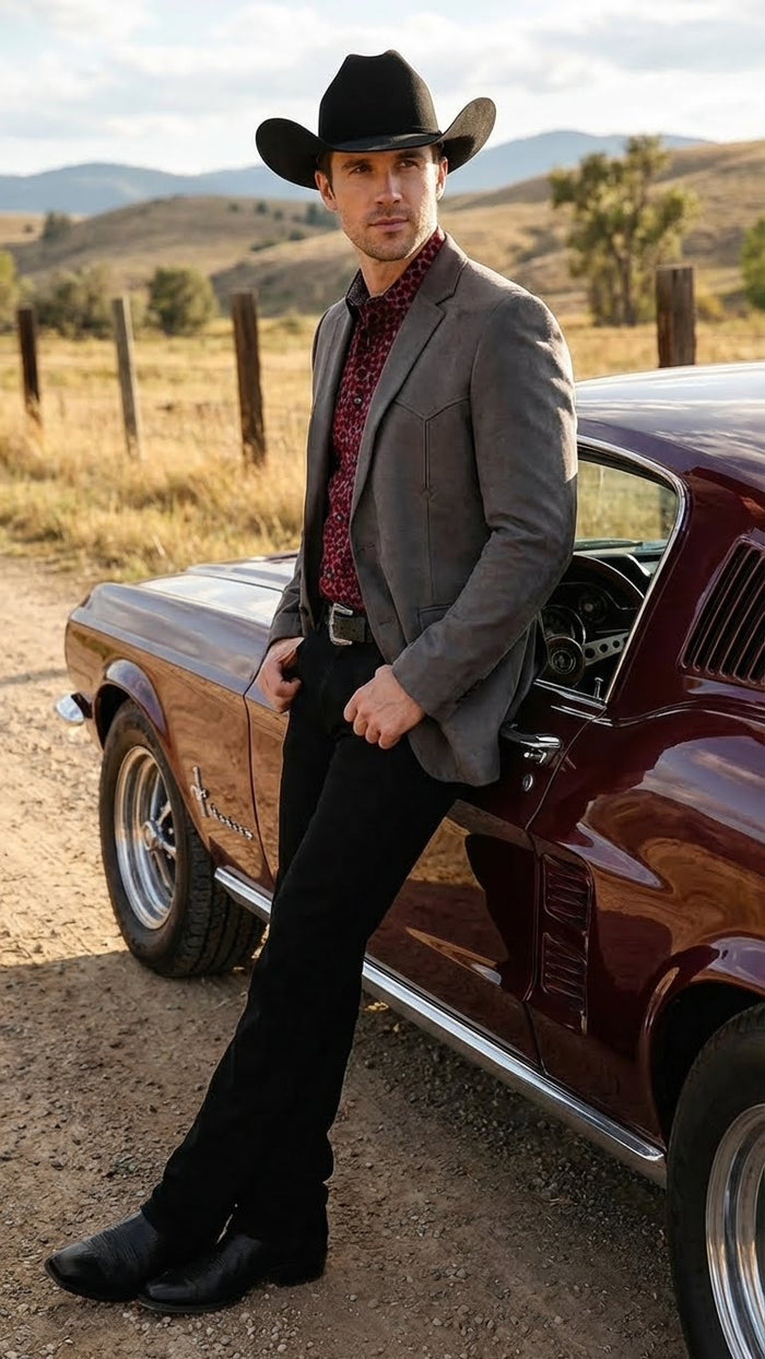 Mens Charcoal Gray Western Faux Suede Blazer Double Button Cowboy Jacket for Wedding & Party Wear