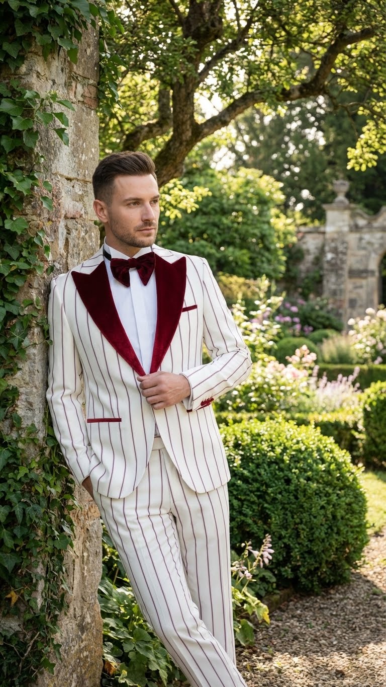 Menâ€™s White and Dark Red Pinstripe Tuxedo with Velvet Shawl Lapel â€“ Formal Dinner Blazer Prom Christmas New Year Holiday Suit - 34 Short or Extra Small