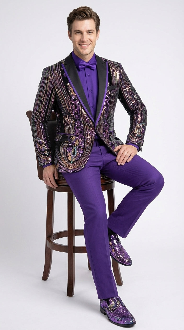 Mens Mardi Gra Black and Purple and Gold Sequin Tuxedo Jacket Set – Designer with Floral Pattern Jacket Formal Wedding Party Wear Bowtie - 36 Short