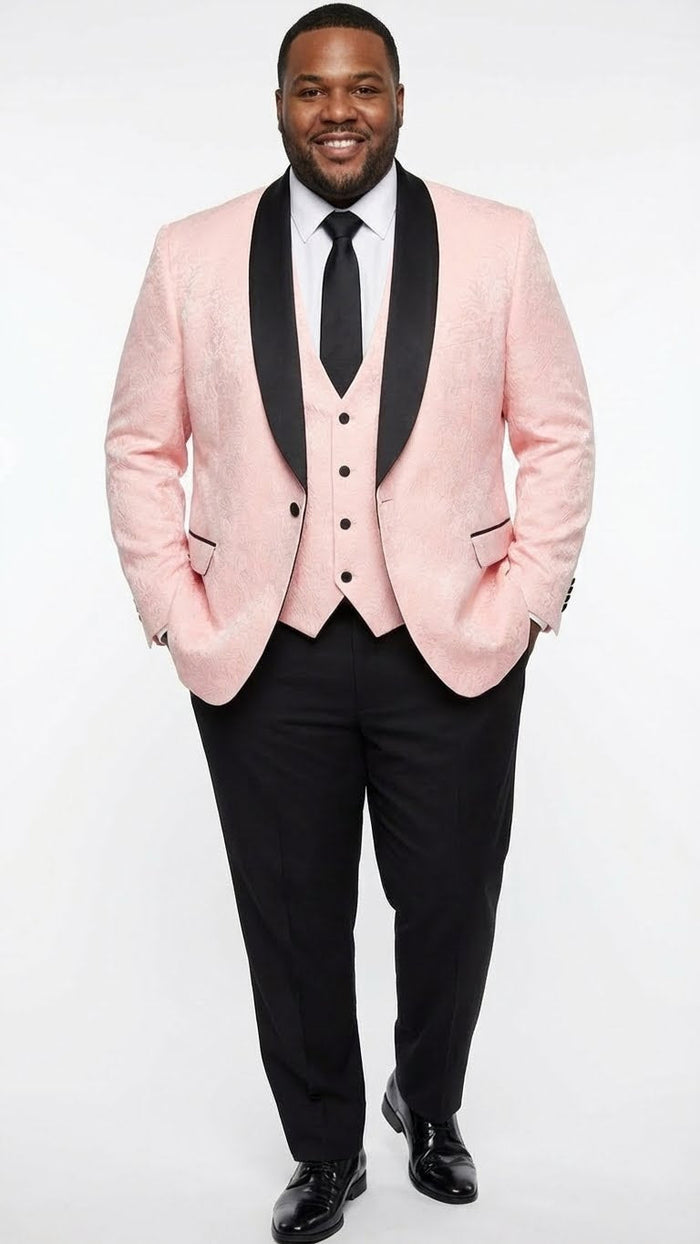 Mens Blush Pink Tuxedo Suit Set with Black Shawl Lapel 3 Piece Formal Wedding and Party Prom Vest + Black Pants