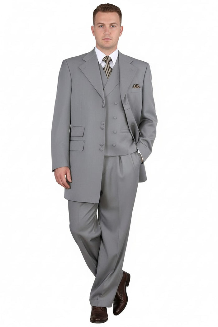 Mens Zoot Suit - Light Gray 3-Piece Suit with Vest Classic Business and Wedding Formal Wear - 1920s Fashion