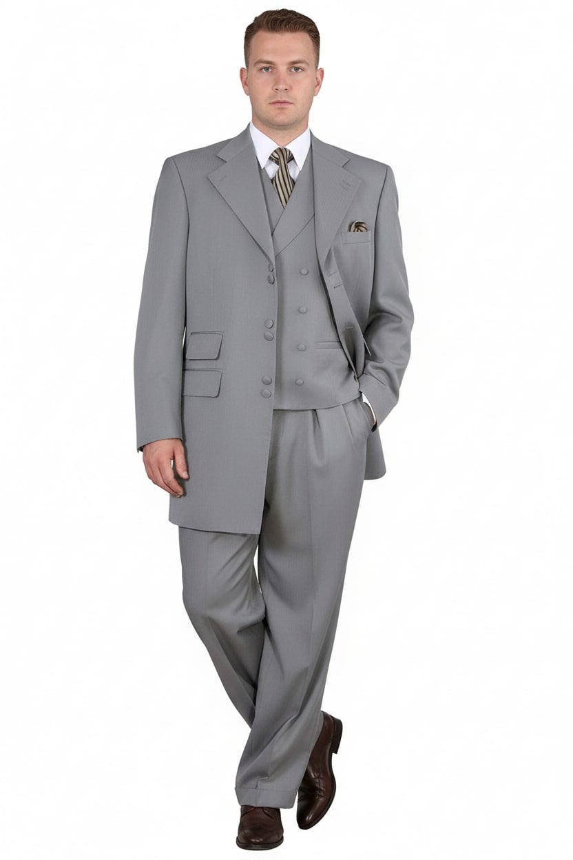 Mens Zoot Suit - Light Gray 3-Piece Suit with Vest – Classic Business and Wedding Formal Wear - 1920s Fashion - 34 Short or Extra Small