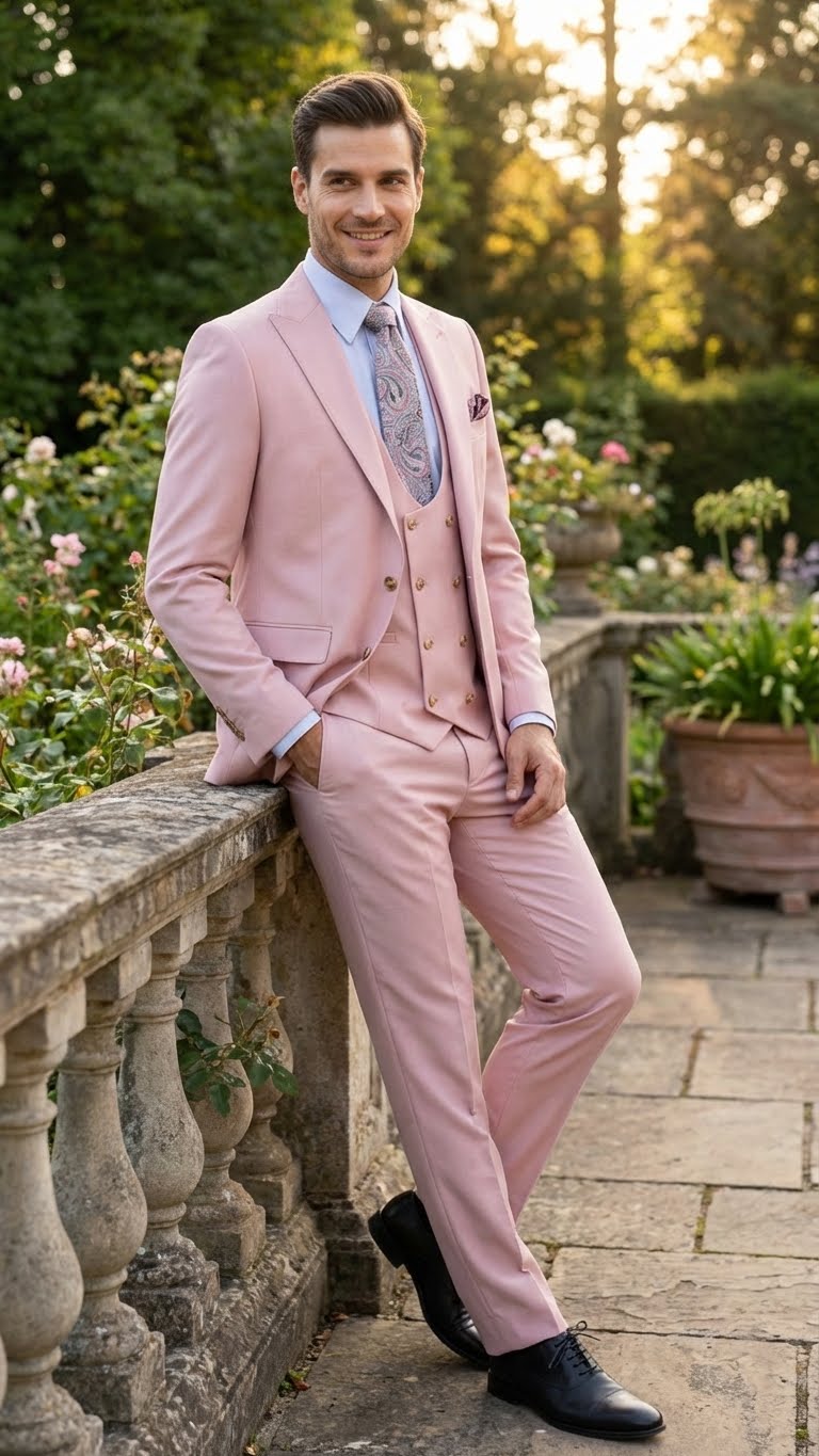 Men’s Blush Pink and Gold Three-Piece Suit – Tailored Fit Formal Wedding, Vested Suit By Rossiman - 34 Short or Extra Small
