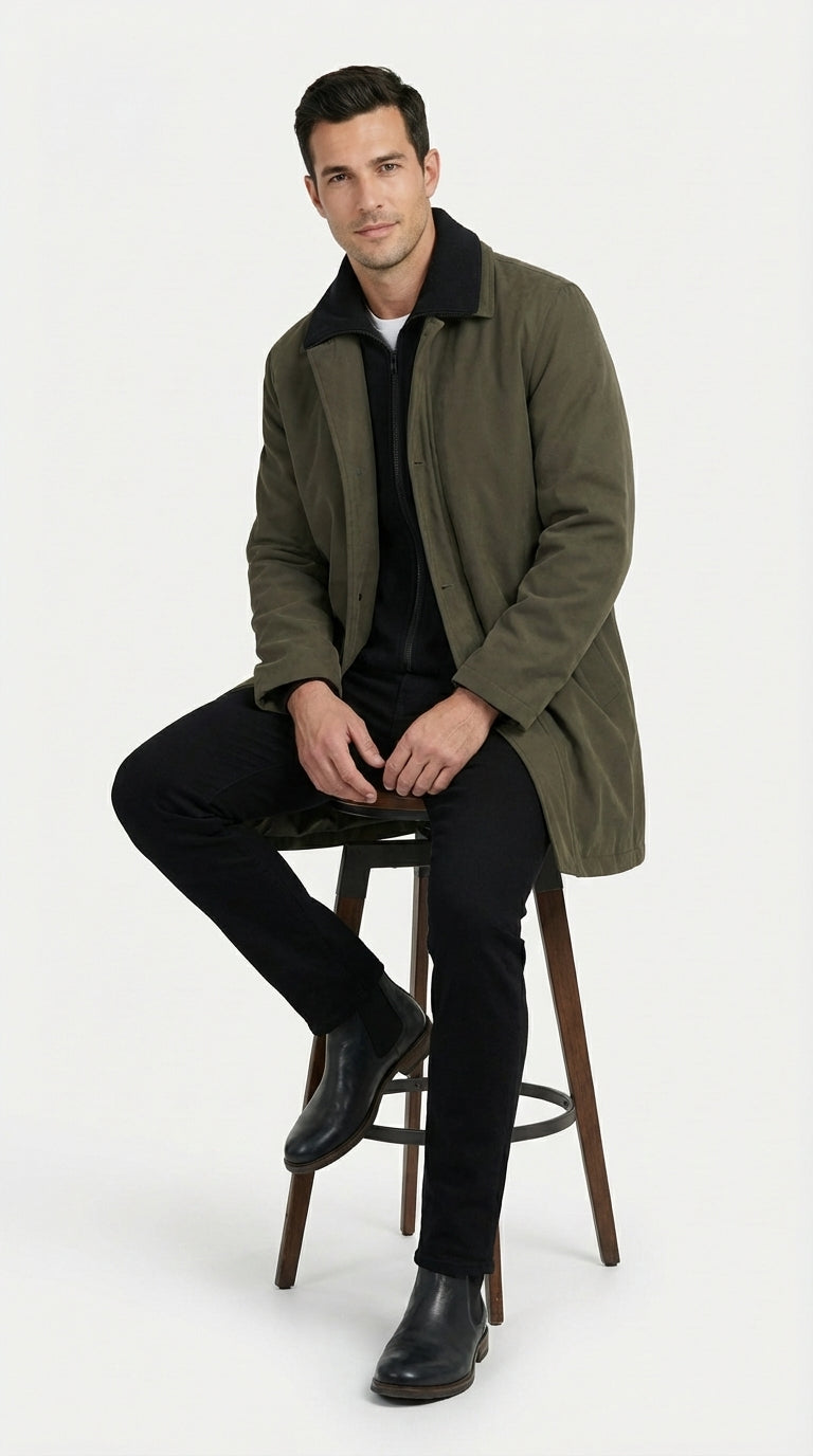 Mens Olive Brown Trench Coat Raincoat – Classic Water Resistant Long Coat with Zip and Button Closure for Business, Travel and Everyday Outerwear - Coat Size 38