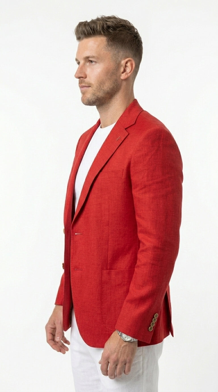 Men’s Red Linen Blazer, Lightweight Business Casual Wedding Sport Coat Jacket - 36 Short