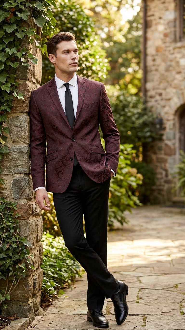 Men’s Burgundy Paisley Blazer Sport Coat – Velvet Dinner Jacket floral in Maroon Wine Color Ultra Slim Fit Smoking Jacket - 36 Short