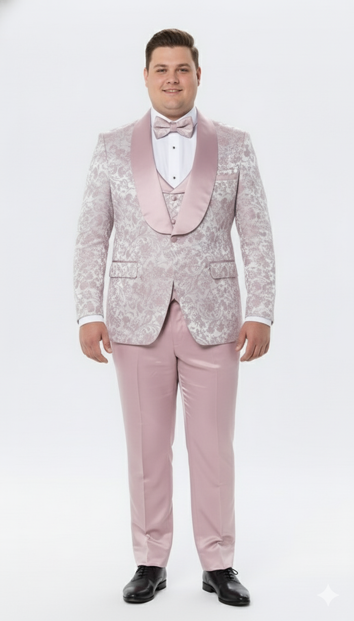 Mens Light Pink Dusty Rose -  Floral Tuxedo Suit Luxury Satin Shawl Lapel 3-Piece Formal Wedding and Prom Suit in Blush Mauve color