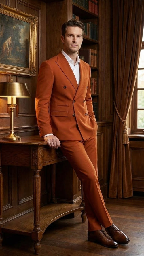 Vitali Brand Mens Burnt Orange Double Breasted Suit in Rust Brick Copper Color