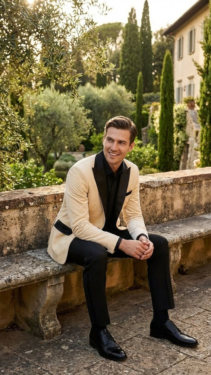 Mens Ivory Dinner Jacket - Cream Velvet Blazer with Black Satin Lapel | Wedding and Party Formal Sport Coat in off white