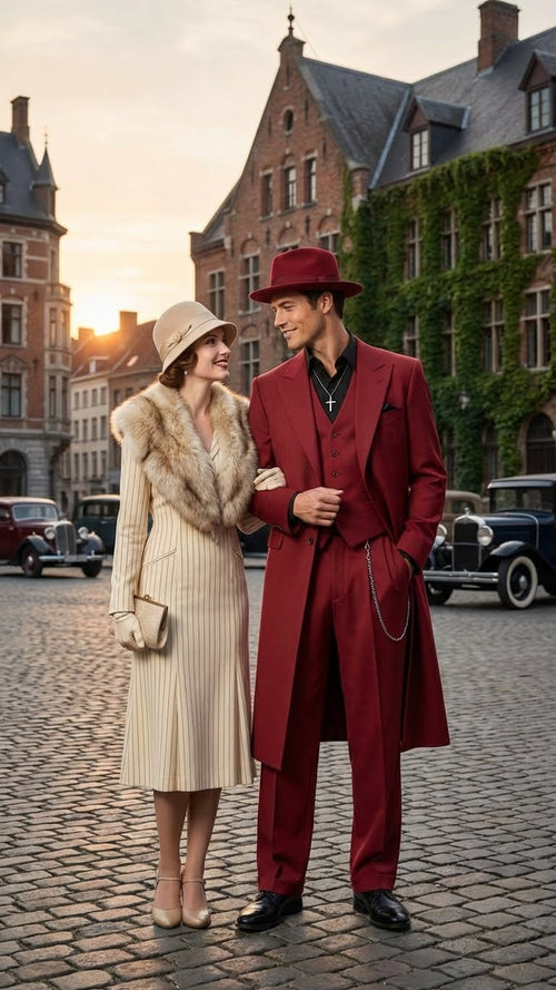 Mens 1920s Burgundy Zoot Suit Long Mafia Gangster Three-Piece Vintage Outfit Zuit Pachuco Style