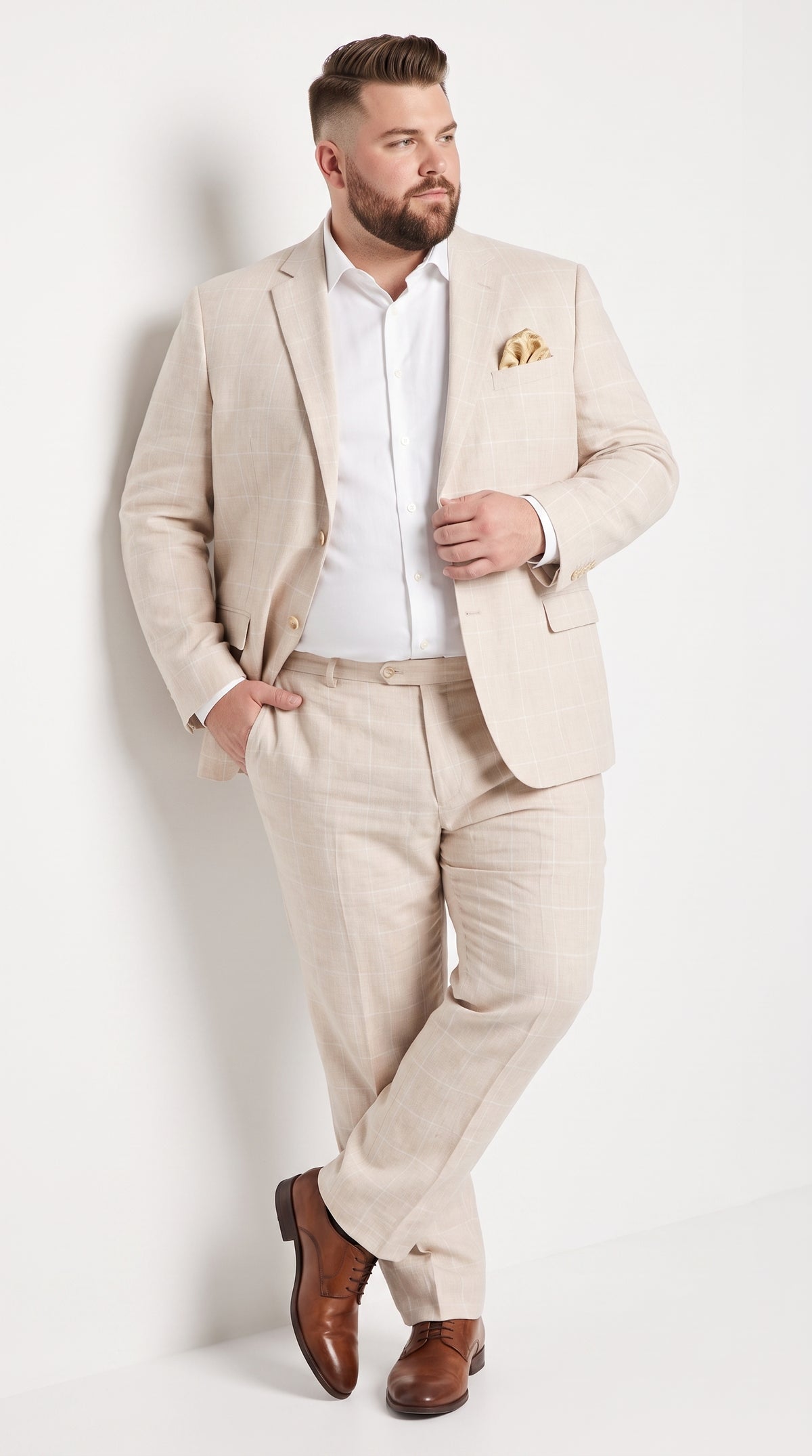 Men’s Big and Tall Beige Linen Suit – Summer Wedding and Formal 2-Piece Suit