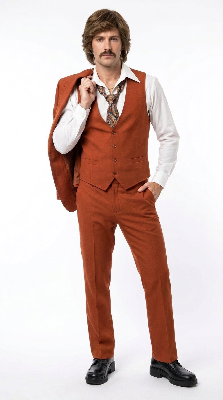 Men’s Burnt Orange 3-Piece Suit – 1970s Disco, Retro Rockabilly, Prom and Party Suit - 34 Short or Extra Small