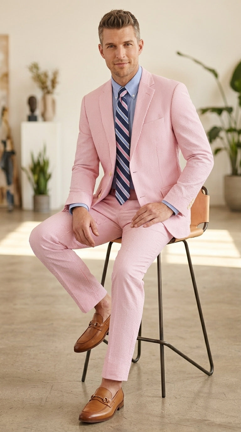 Men’s Pink Seersucker 2 Piece Suit, Lightweight Summer Dress Suit for Weddings, Prom, Parties, and Special Occasions - 34 Short or Extra Small
