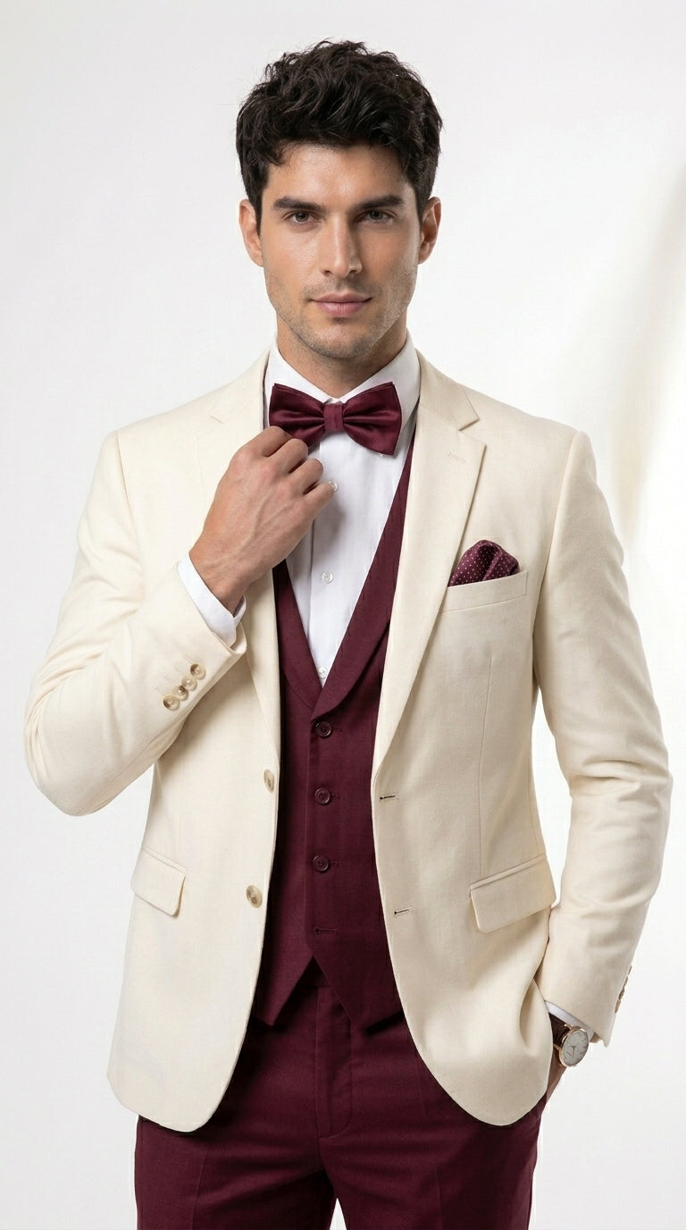 Men’s Cream Ivory and Burgundy 3 Piece Tuxedo Suit, Vested Formal Wedding Prom Dinner Suit in Cream Off White Color - 34 Short or Extra Small