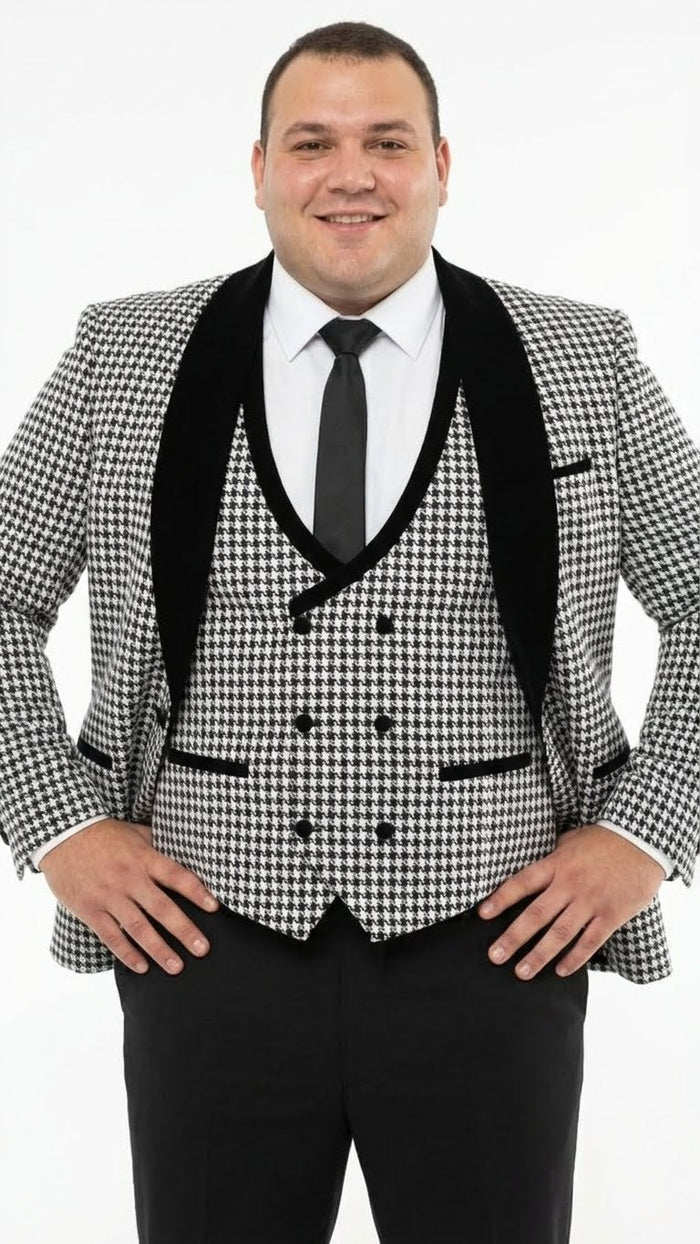 Mens Black and White Houndstooth Tuxedo Set with Velvet Shawl Lapel | 3-Piece Formal Suit with Double-Breasted Vest