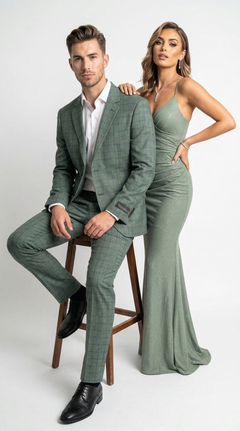 Men’s Tartan olive Green with blue checker Windowpane 2-Piece Suit – Modern Fit Plaid, Business and Formal Suit english styl - 34 Short or Extra Small
